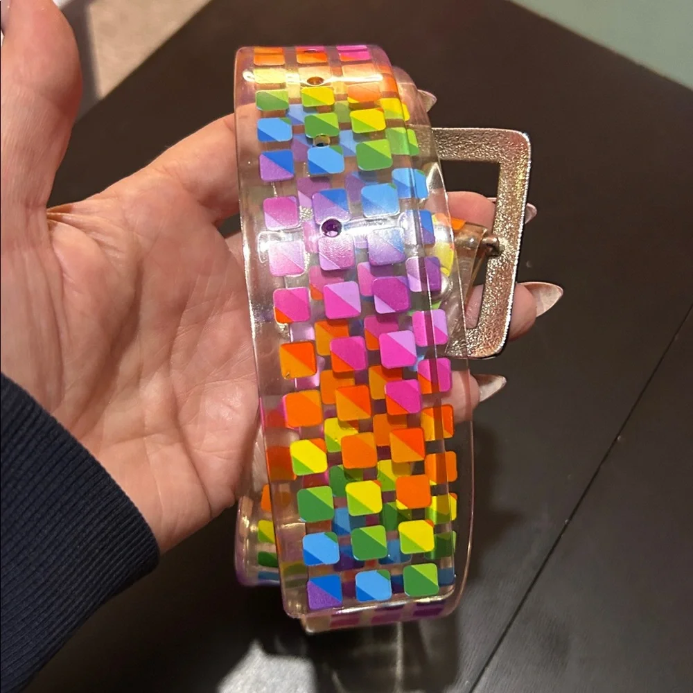 VINTAGE Clear PVC Jelly Belt Metal Buckle Rainbow Squares Disco Y2K